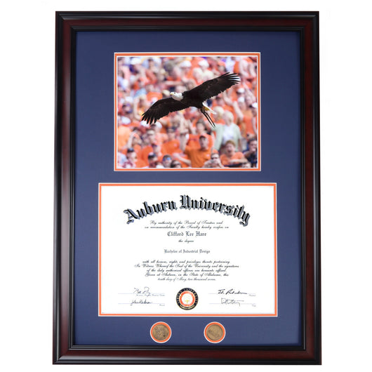 Auburn Diploma Frame with War Eagle Flight IV Photo in Walnut or Mahogany - Quick and Easy Installation!