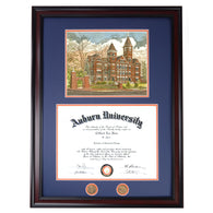 Auburn Diploma Frame with Samford Hall Lithograph in Walnut or Mahogany - Quick and Easy Installation