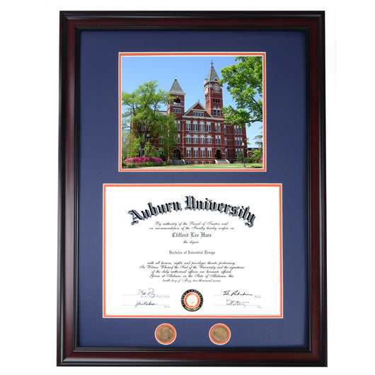 Auburn Diploma Frame with Samford Hall Photo in Walnut or Mahogany - Quick and Easy Installation