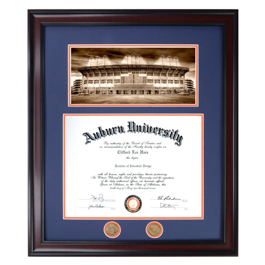 Auburn Diploma Frame with Football Stadium in Walnut or Mahogany - Quick and Easy Installation