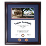 Auburn Diploma Frame with Toomer's Then and Now photograph in Walnut or Mahogany - Quick and Easy Installation